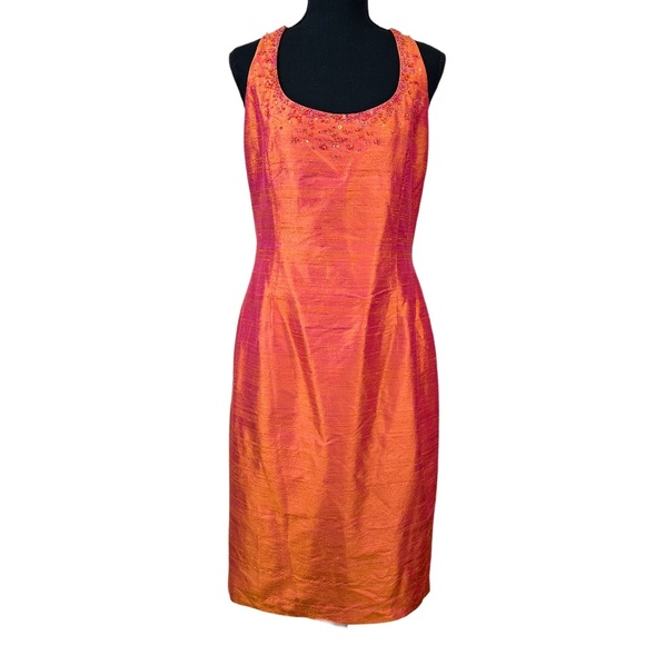 Maggy London KIR Shimmering Beaded Pink Orange Shantung Silk Sheath Size 12 - Picture 1 of 11